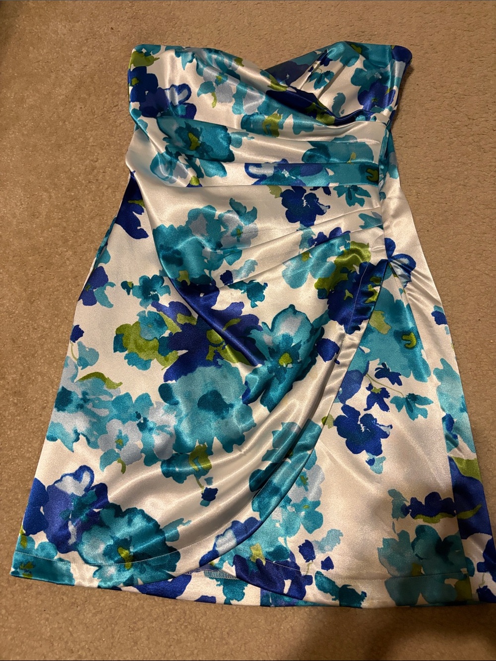 Teeze Me Strapless Floral Satin Dress in Blue, Teal & Green